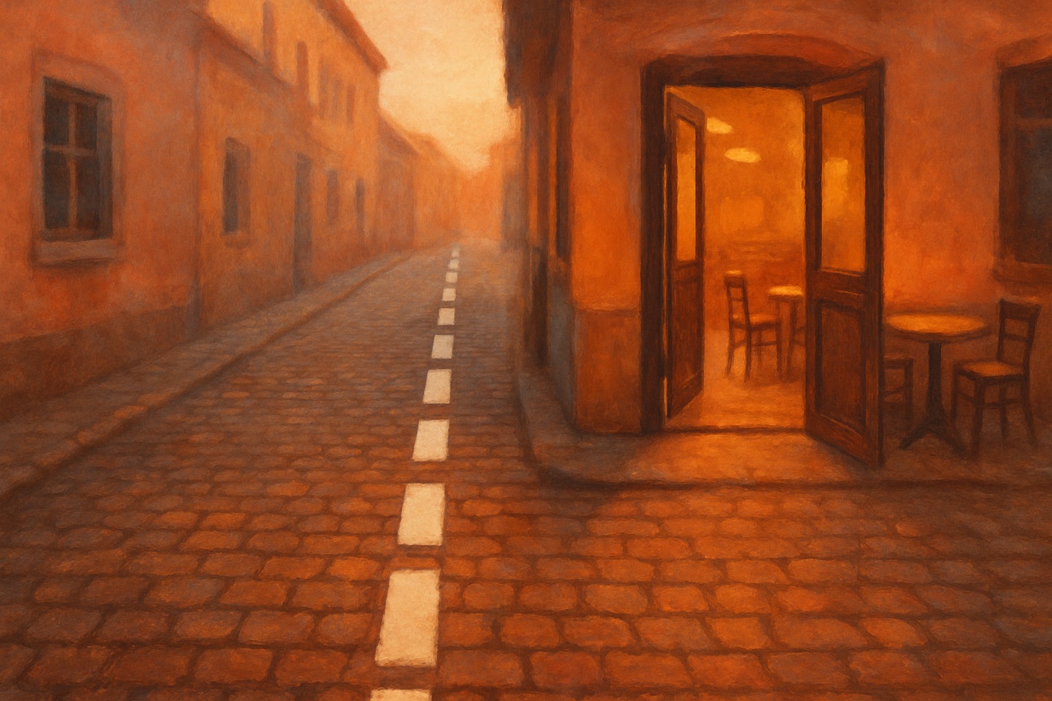 A painted border line running across cobblestones and straight through a café doorway