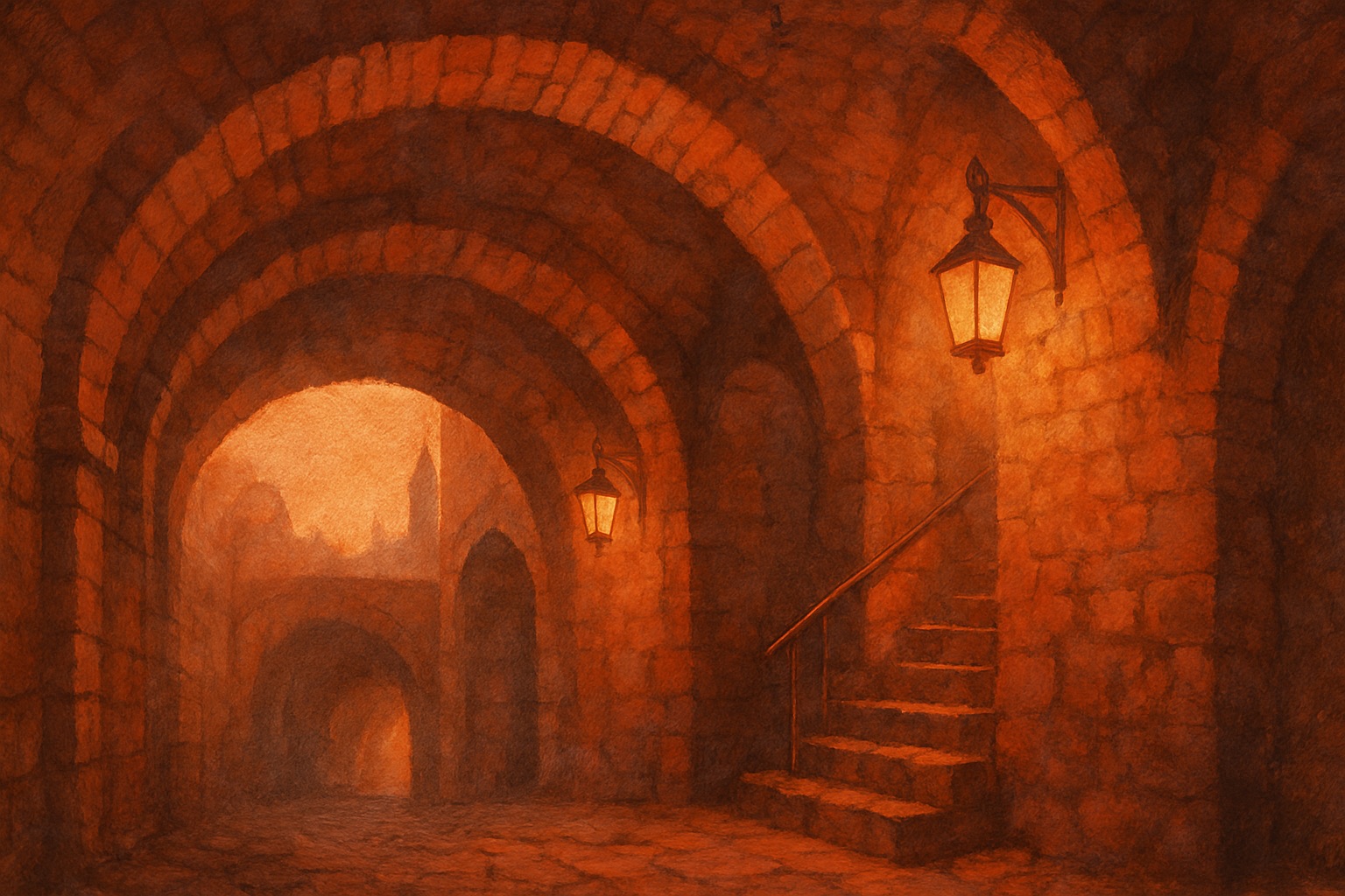 A stone tunnel beneath a city, lit by lanterns, with old brick archways receding into darkness