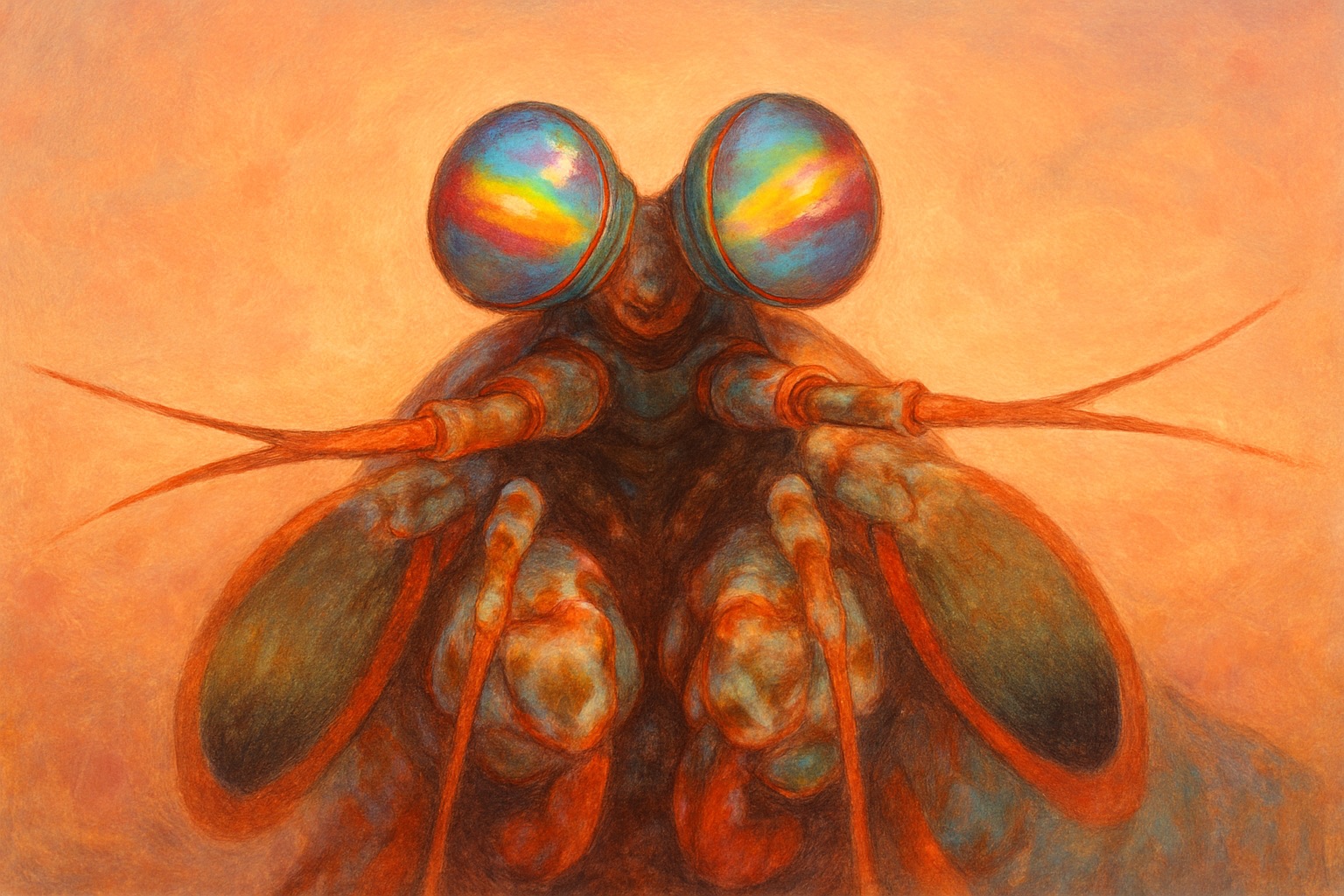 Close-up of a colorful mantis shrimp with light refracting near its large eyes