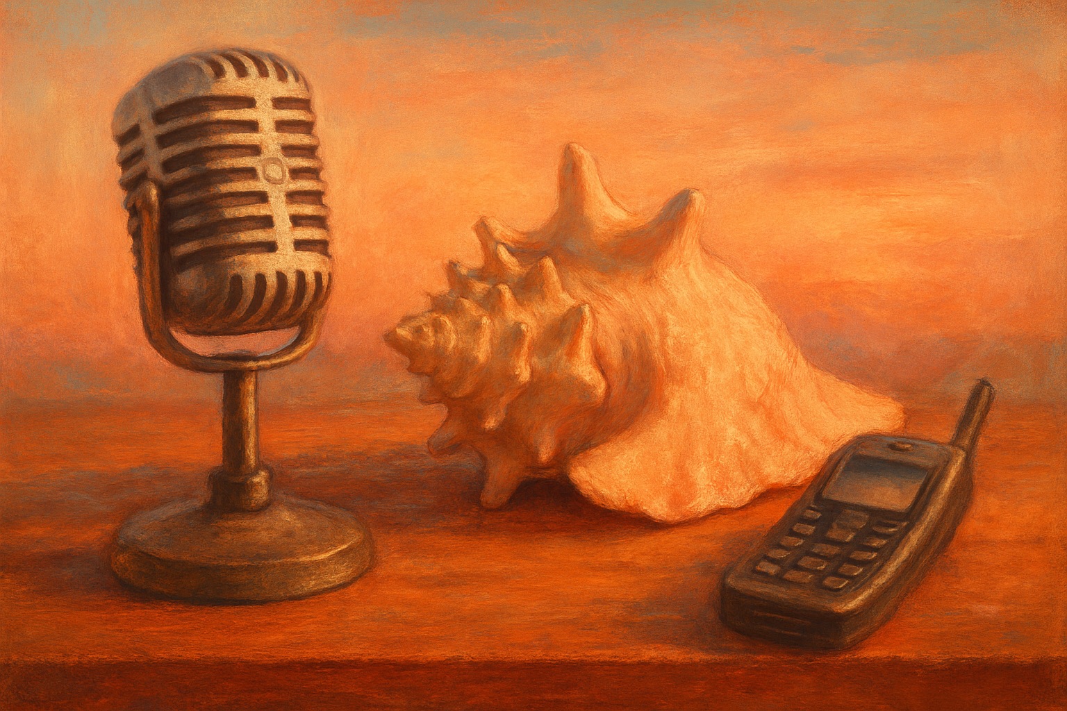 A vintage microphone on a table beside a seashell and an old mobile phone