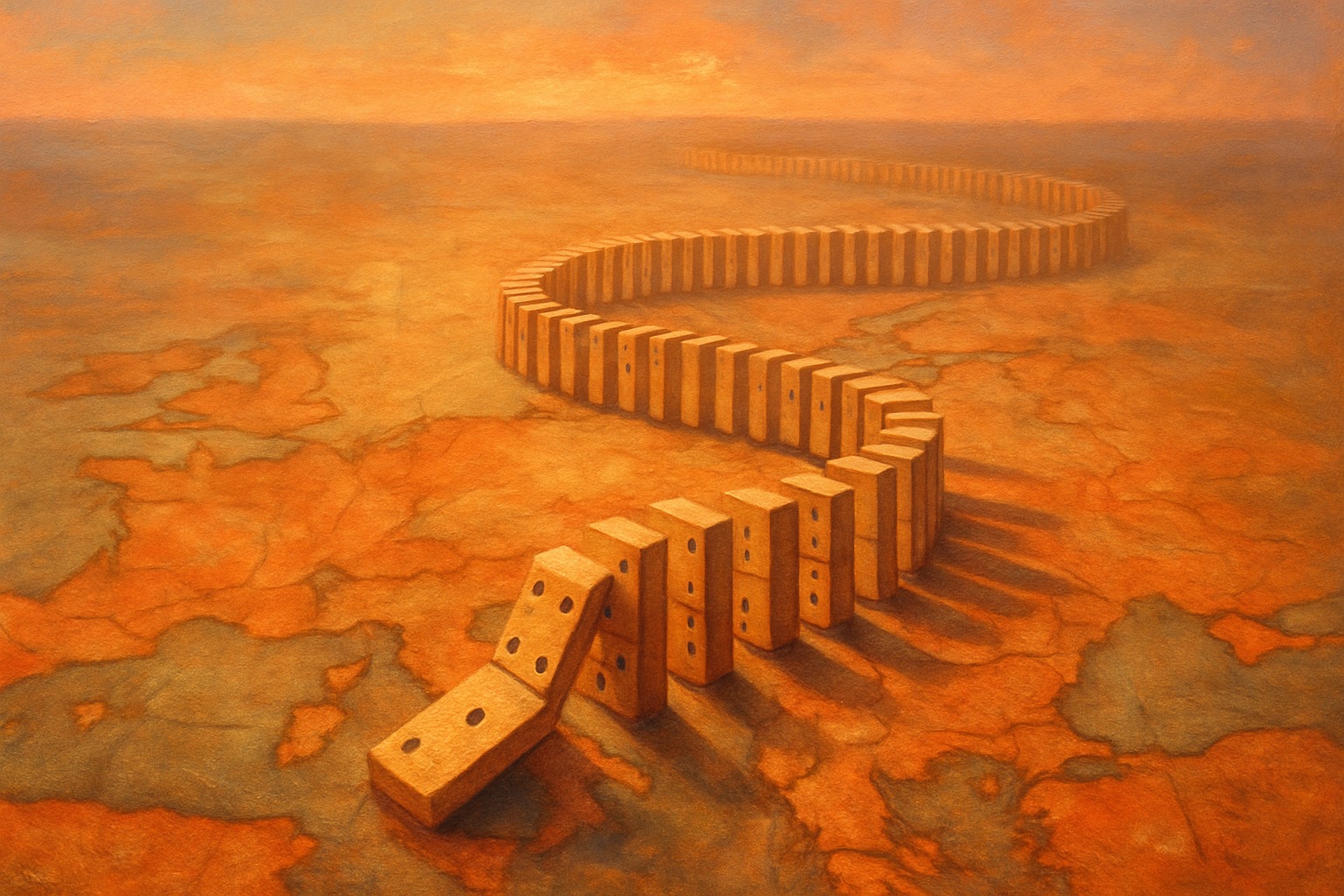 A toppled domino at the head of a long chain winding across an old map of Europe