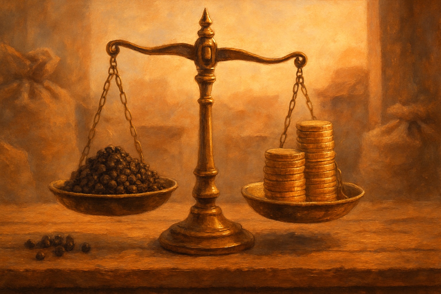 An antique balance scale weighing peppercorns against gold coins